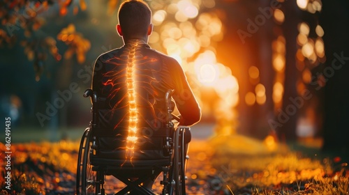 Hereditary Spastic Paraplegia: The Muscle Spasticity and Gait Disturbances - Imagine a person with highlighted spinal cord showing hereditary spastic paraplegia, experiencing muscle spasticity photo