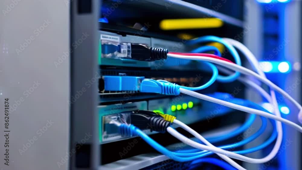 A close up of a network server with multiple cables plugged into it. A close up of a network server with multiple cables plugged into it.