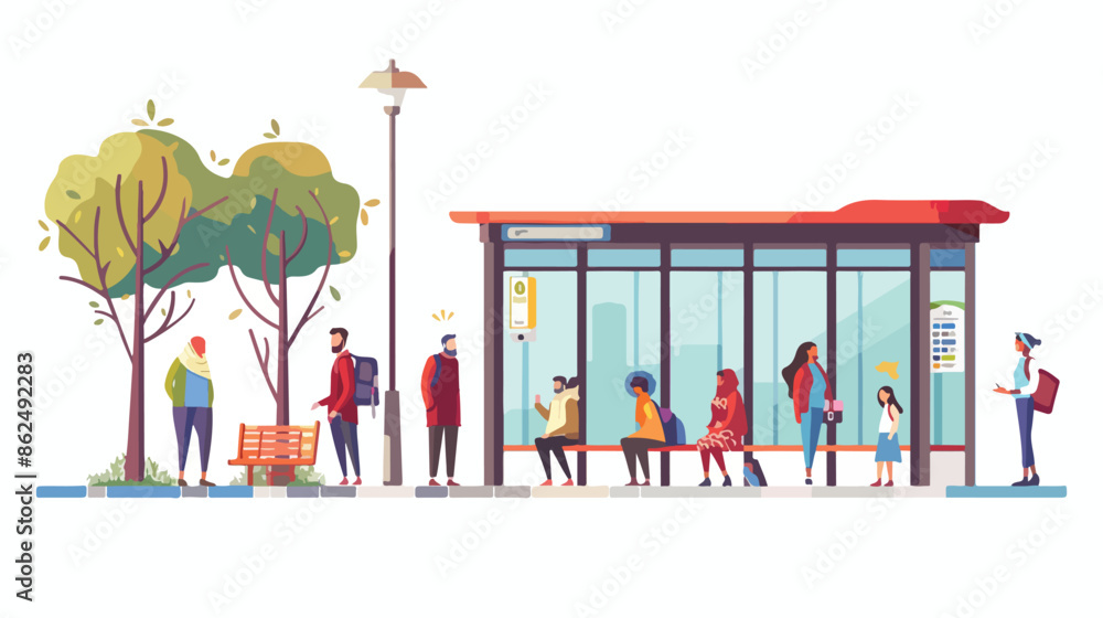 Naklejka premium People Waiting on Bus Stop Men Women Granny and Child