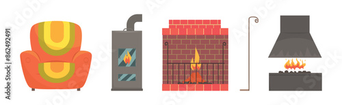 Fireplace and Hearth Design Element and Object Vector Set
