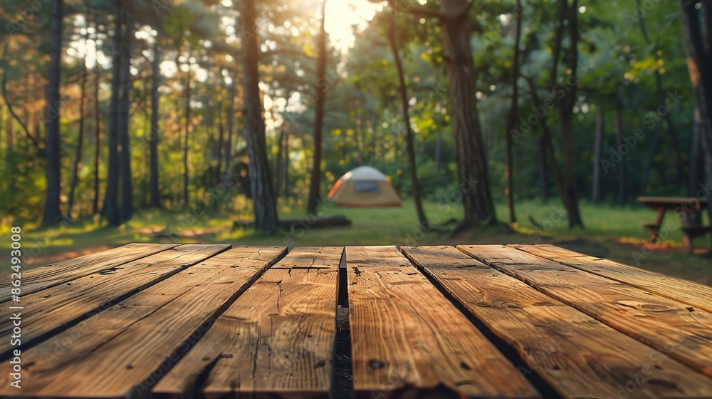 Camping wooden tabletop, empty wood table top in green forest, concept of outdoor nature activity dais podium counter product display platform mockup background banner. Camping wooden tabletop, empty wood table top in green forest, concept of outdoor nature activity dais podium counter product display platform mockup background banner.