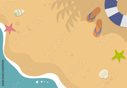 ビーチサンダルと浮き輪のある砂浜に打ち寄せる波の背景素材のベクターイラストレーション