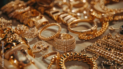 A collection of gold jewelry including rings, chains, bracelets, and earrings arranged on top of a table. The items sparkle in the light, showcasing their beauty and value.