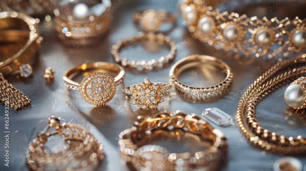 A collection of gold jewelry including rings, chains, bracelets, and earrings arranged on top of a table. The items sparkle in the light, showcasing their beauty and value. A collection of gold jewelry including rings, chains, bracelets, and earrings arranged on top of a table. The items sparkle in the light, showcasing their beauty and value.