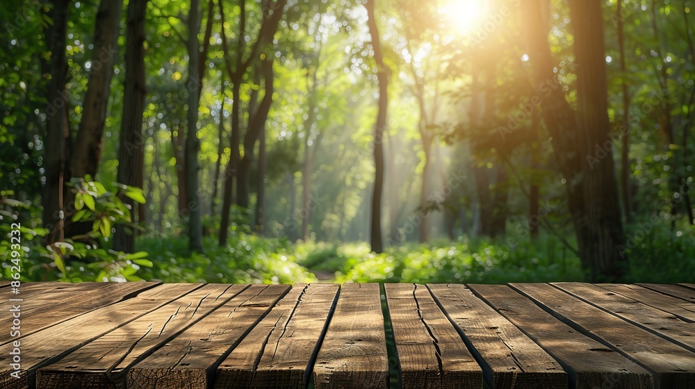 Camping wooden tabletop, empty wood table top in green forest, concept of outdoor nature activity dais podium counter product display platform mockup background banner. Camping wooden tabletop, empty wood table top in green forest, concept of outdoor nature activity dais podium counter product display platform mockup background banner.