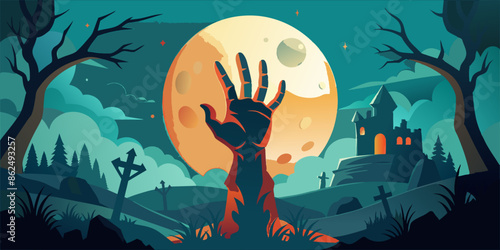 A zombie hand emerges from the ground in front of a full moon. Underneath the glowing light of a magnificent full moon, a chilling zombie hand is clawing its way out of the earth, creating a spineting photo