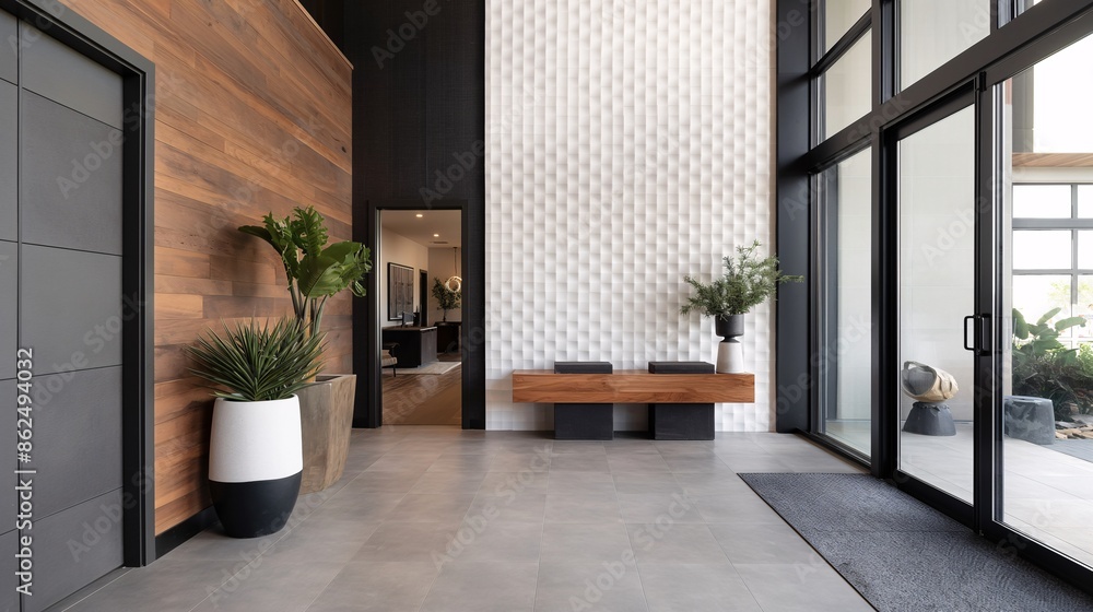 Fototapeta premium Entryway with dynamic design, featuring 3D wall decor and bold colors