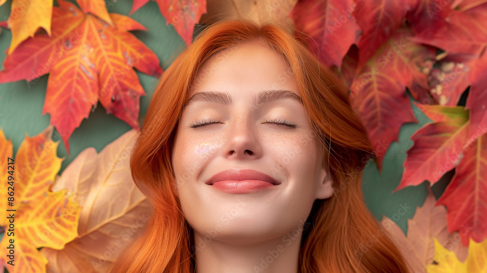 A woman with red hair is laying on a bed of leaves A woman with red hair is laying on a bed of leaves