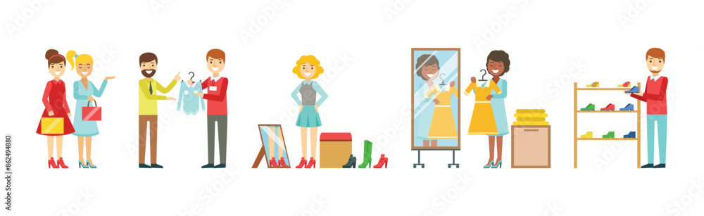 Man and Woman at Clothing Department Store Shopping Vector Set Man and Woman at Clothing Department Store Shopping Vector Set