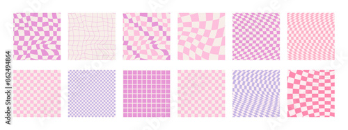 Set of funky groovy backgrounds vector design. Cool abstract colorful patterns. Y2K aesthetic, flat design, 1970, trippy grid, wavy swirl poster collection in bright pink and lilac colors. 
