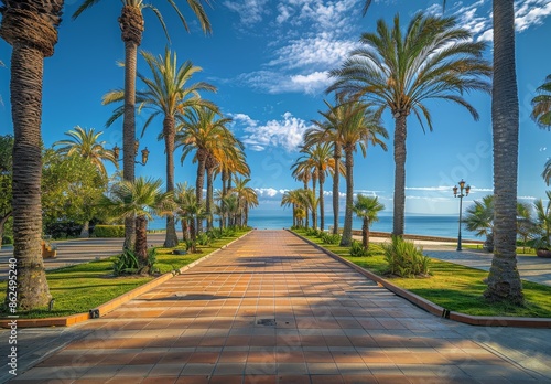Palm Tree Lined Pathway Leading to the Beach on a Sunny Day