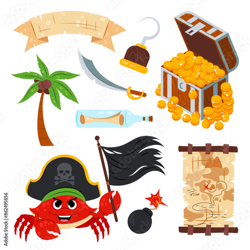 Crab with a black flag. Cartoon sea crab with different pirate items on a white background. Pirate in flat style. Set of cartoon pirate elements for children.