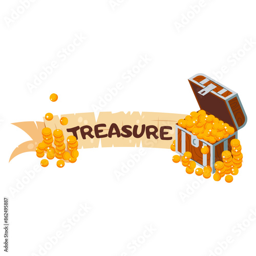 Banner with chest and gold coins. Treasure A cartoon chest with gold on a background of paper tape with an inscription. Pirates treasures in flat style on a white background.