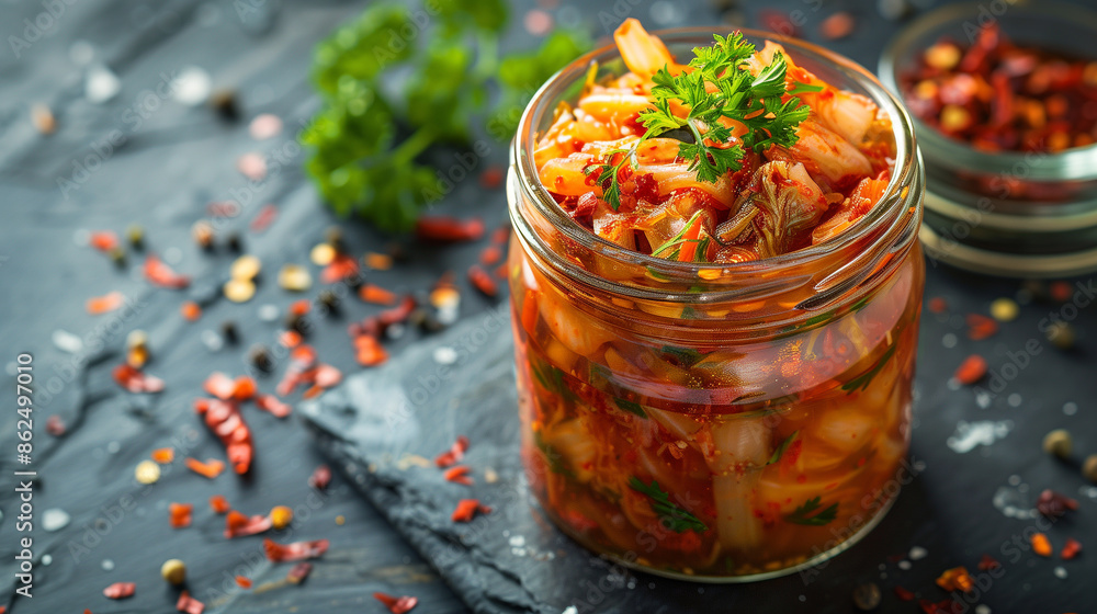 A jar of freshly made Kimchi sits on a slate surface surrounded by chili flakes and herbs. The rich, red color of the Kimchi contrasts beautifully with the scattered ingredients. A jar of freshly made Kimchi sits on a slate surface surrounded by chili flakes and herbs. The rich, red color of the Kimchi contrasts beautifully with the scattered ingredients.