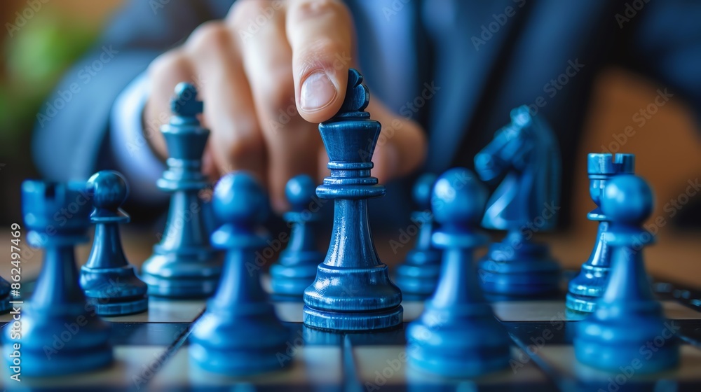 © LittleDreamStocks - Hand moving a blue chess king piece on a board.