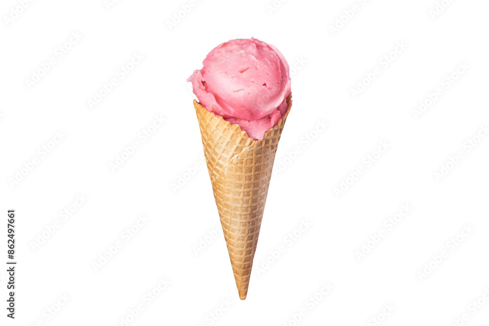 Strawberry pink ice cream waffle cone on white background isolated food Strawberry pink ice cream waffle cone on white background isolated food