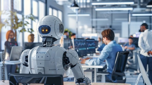 Wallpaper Mural Robot works in an office among people. IT team of the future. The concept of artificial intelligence and people working in the future Torontodigital.ca