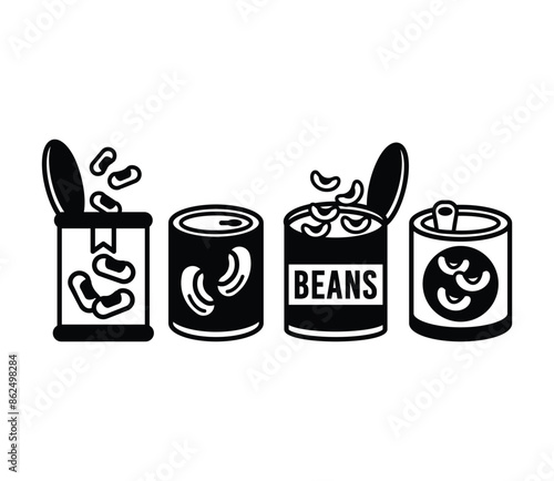 beans canned food icons symbol vector design black white color illustration collection set