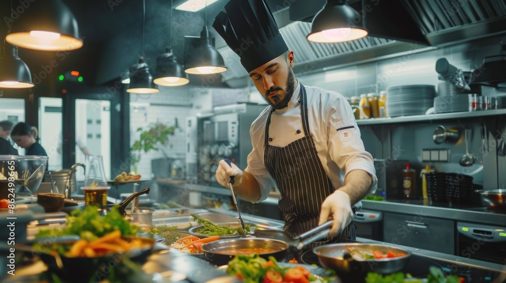 Male chef preparing vegetable vegetarian dish at a professional kitchen Male chef preparing vegetable vegetarian dish at a professional kitchen