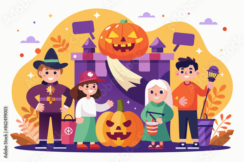 Children in halloween costumes in front of a castle with pumpkins. A group of joyful children in fun halloween costumes stand in front of a castle adorned with pumpkins, creating a festive and happy 
