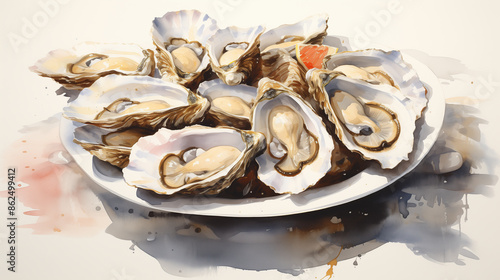 A plate of freshly shucked oysters on the half shell, depicted in detailed watercolor art. photo