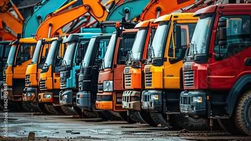 Many different multiclored colorful heavy industrial machinery equipment at construction site parking area against warehouse building city infrastructure development. Commercial vehicles rental sale  photo