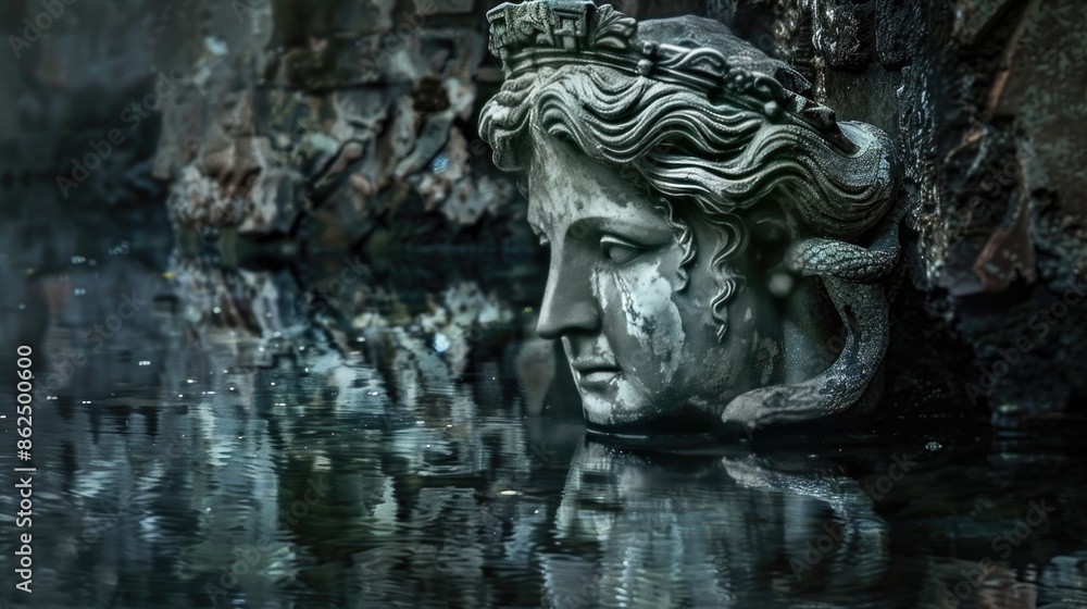 Medusa's Enchanted Reflections. stone statue. Sake, serpent, crown head. Greek mythology. Medusa goddess. Medusa's Enchanted Reflections. stone statue. Sake, serpent, crown head. Greek mythology. Medusa goddess.