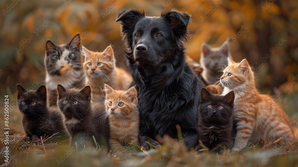 An image conjuring a warm milieu of an adult dog and young cats comfortably spending time together. An image conjuring a warm milieu of an adult dog and young cats comfortably spending time together.