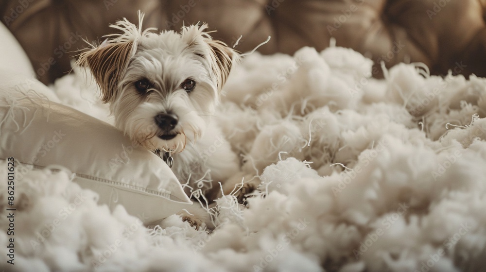 Detailed close-up of a fluffy pillow being shredded by a playful dog in a cozy living room setting