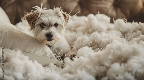 Detailed close-up of a fluffy pillow being shredded by a playful dog in a cozy living room setting photo