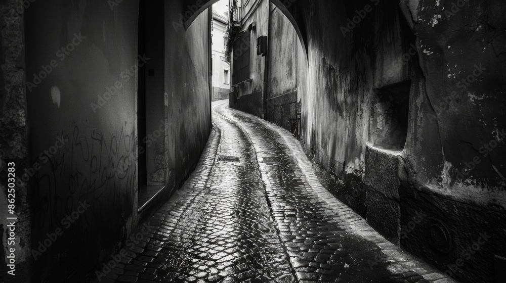 Obraz premium The alleyway curves and twists concealing its destination and creating a sense of disorientation. Black and white art