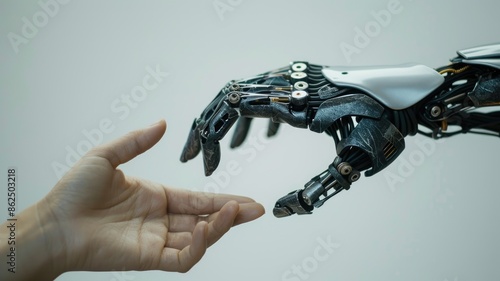 Human hand about to touch robotic hand, symbolizing human-robot interaction photo
