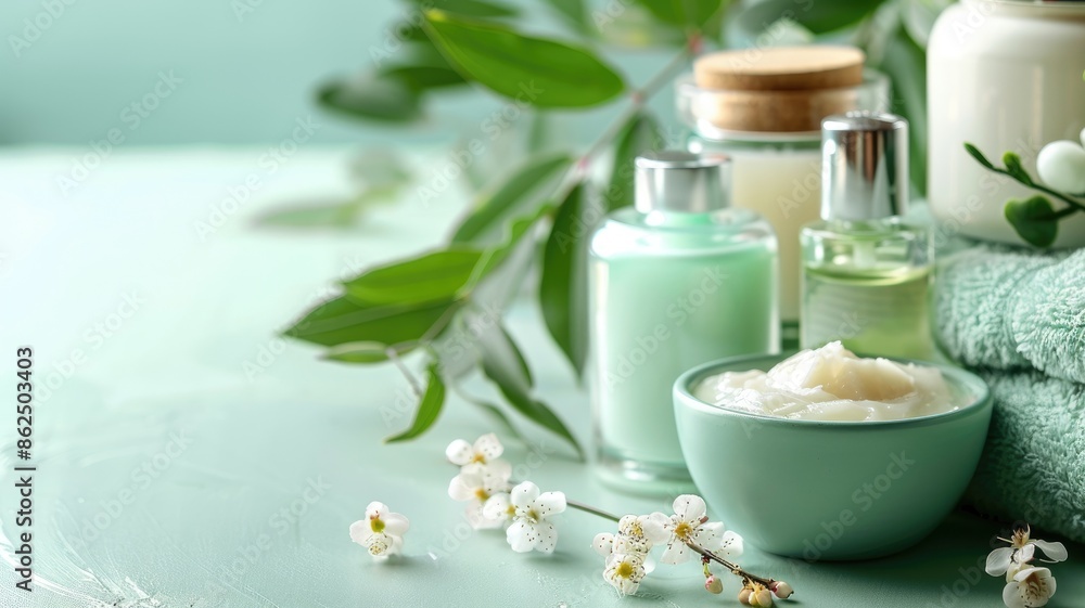 Spa essentials with natural ingredients on serene aqua background Spa essentials with natural ingredients on serene aqua background