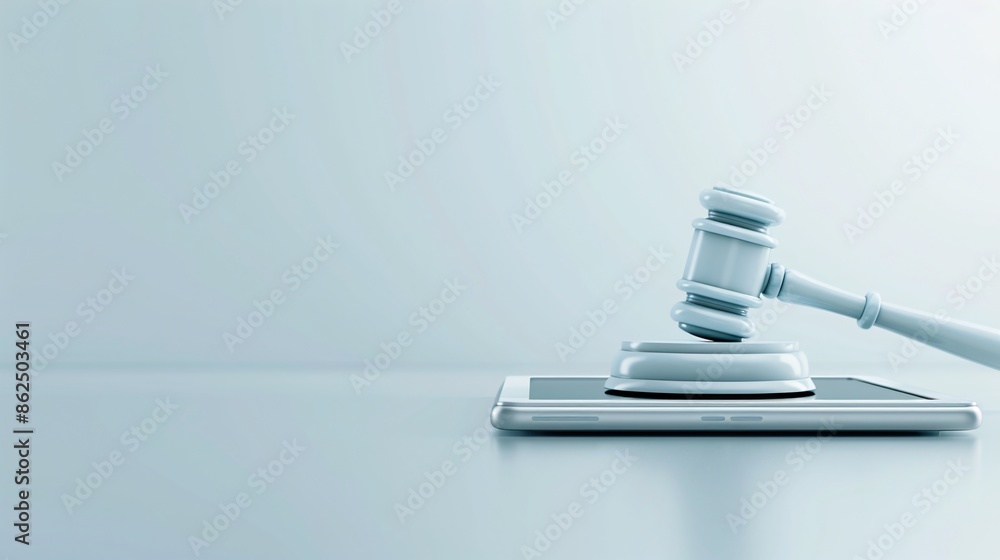 A virtual courtroom scene featuring a digital gavel hovering over a tablet displaying bankruptcy documents. The background is minimalist with ample copy space, highlighting the modern shift to online A virtual courtroom scene featuring a digital gavel hovering over a tablet displaying bankruptcy documents. The background is minimalist with ample copy space, highlighting the modern shift to online