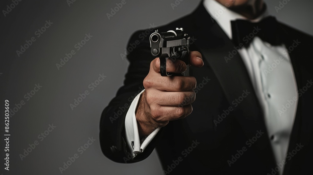 Man in suit holding gun aimed at camera Man in suit holding gun aimed at camera