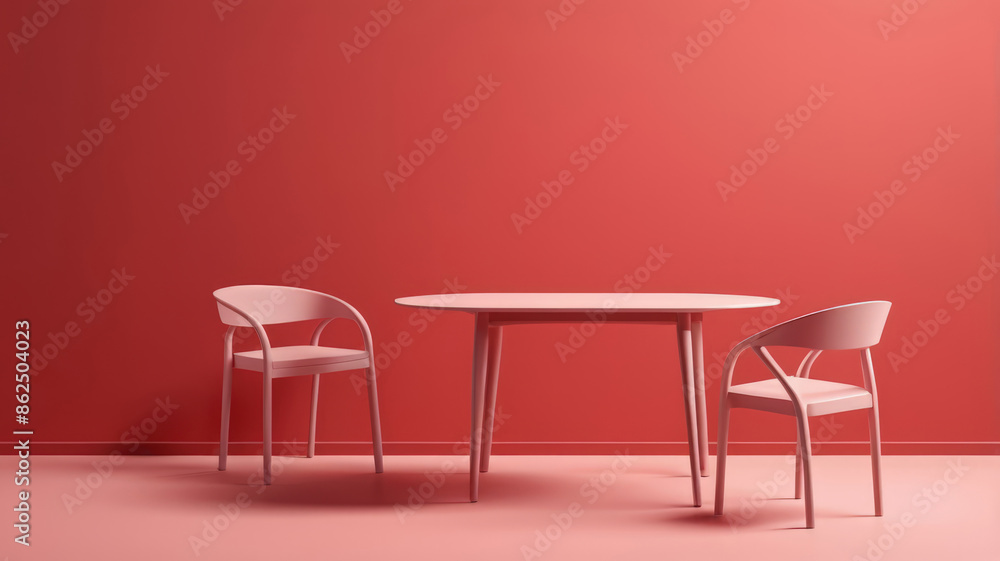 Fototapeta premium Chair table. Minimal style Two chair and table on red background.Simple Furniture style.