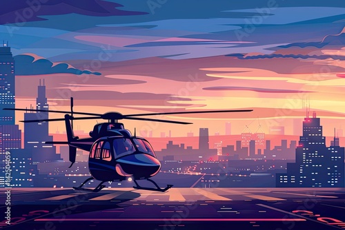 Helicopter on City Rooftop Helipad at Sunset photo