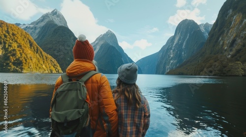 Young people admire the natural beauty of the mountains. River in a national park of New Zealand © suteeda