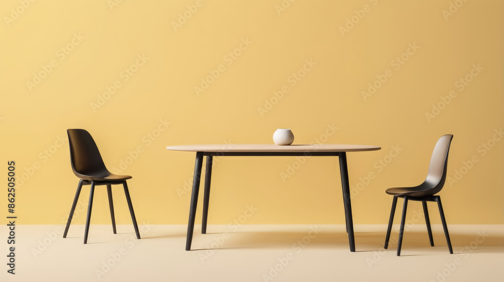 Chair table. Minimal style Two chair and table on yellow background. Simple Furniture style. Chair table. Minimal style Two chair and table on yellow background. Simple Furniture style.