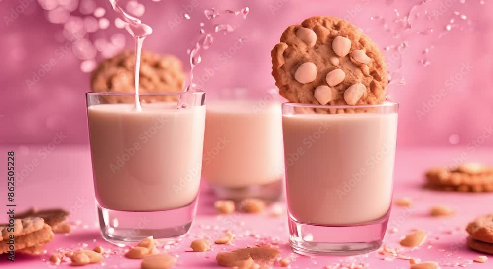 Oatmeal cookies with a glass of milk splashed on a pink background Oatmeal cookies with a glass of milk splashed on a pink background