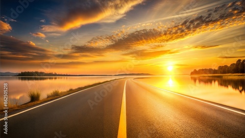 Golden Hour Lake Blur: A golden hour blurred background of a lake and road, with the sky and water reflecting warm hues of orange and yellow.  © No