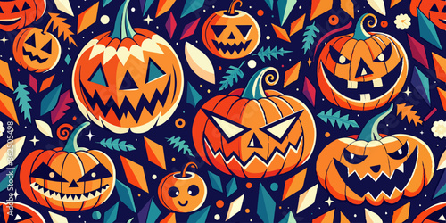 Seamless pattern with pumpkins and leaves on dark blue background. This design features pumpkins and leaves on a dark blue background, creating a seamless pattern