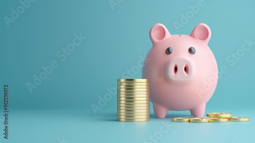 piggy bank with coins on blue background