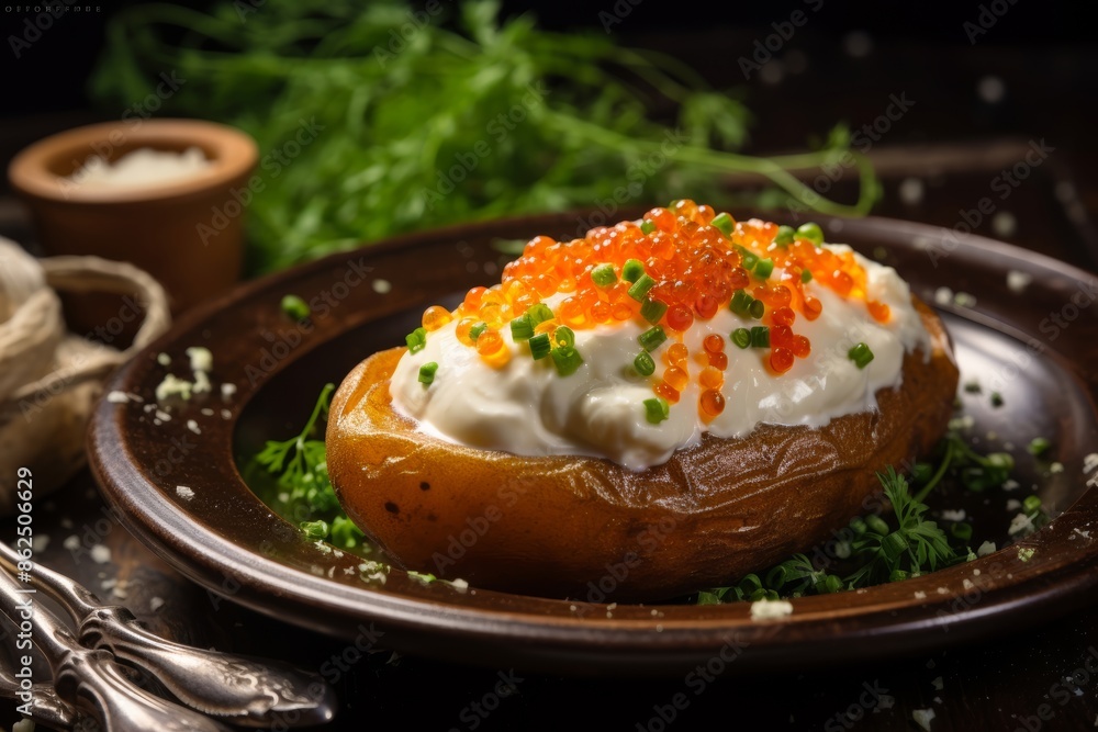 Red caviar on a baked potato with sour cream and chives, rustic table
Red caviar on a baked potato with sour cream and chives, rustic table