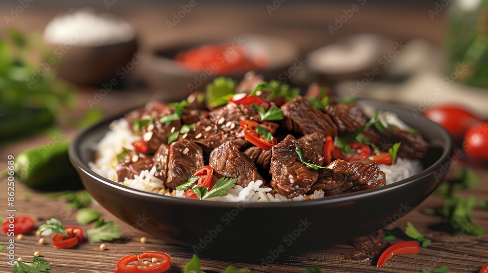 Beef with vegetables on the rice bowl on wooden table Beef with vegetables on the rice bowl on wooden table