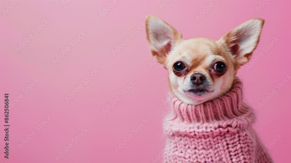 Dogs In Sweaters. Dressed Chihuahua Puppies in Pink Knitted Outfits Dogs In Sweaters. Dressed Chihuahua Puppies in Pink Knitted Outfits