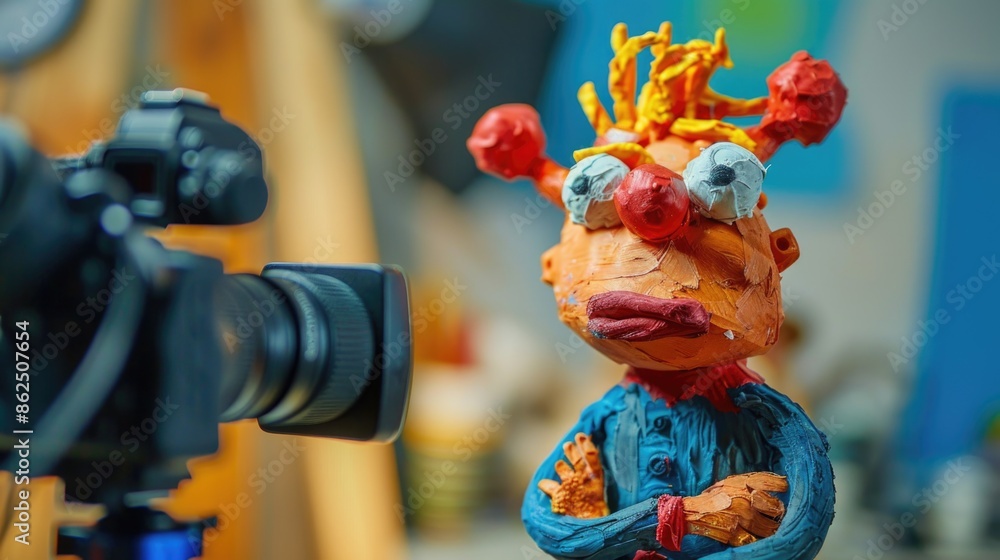 Plasticine character. Influencer in front of the camera Plasticine character. Influencer in front of the camera