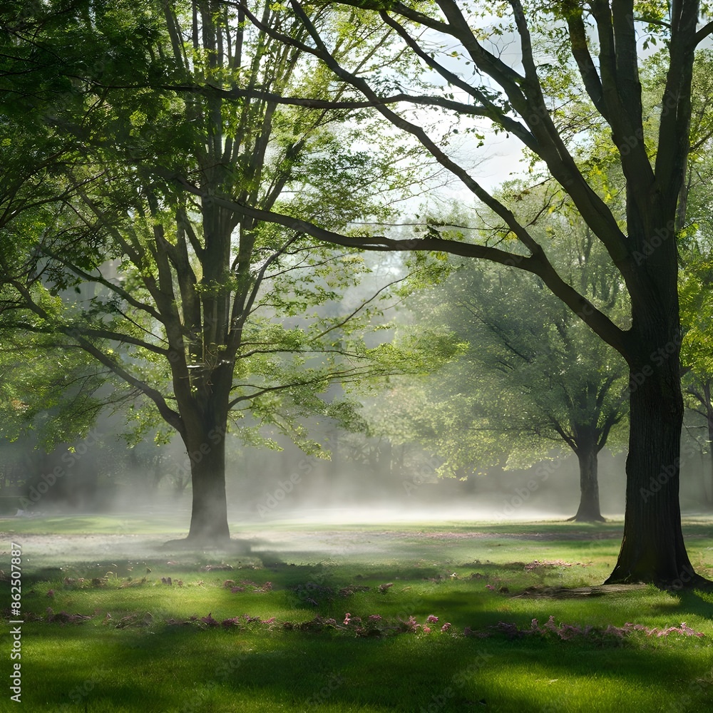 A morning of spring, in the park, sunlight filtered through the trees and shone on the lawn, dotted with numerous pink flowers. A thin layer of mist hovered in the air. A morning of spring, in the park, sunlight filtered through the trees and shone on the lawn, dotted with numerous pink flowers. A thin layer of mist hovered in the air.
