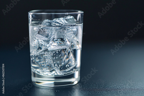 a glass of water with ice cubes