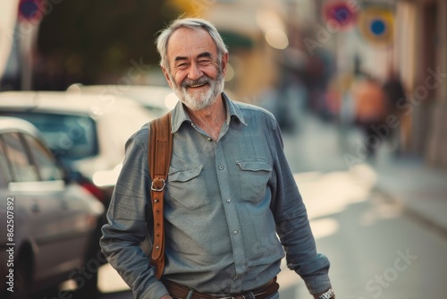 Elderly Man Walking with Confidence and Cheerful Attitude in Casual Attire